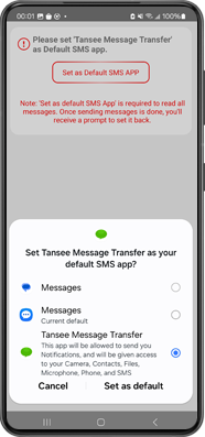 Tansee Message Transfer를 기본 SMS 앱으로 설정